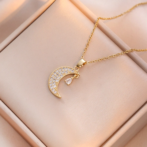 Crescent Moon Pendant Necklace Stainless Steel Cubic Zirconia Water Drop Dangle Elegant Ins Style For Women
