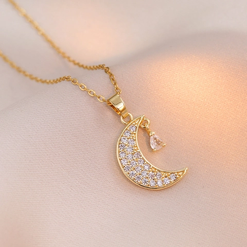 Crescent Moon Pendant Necklace Stainless Steel Cubic Zirconia Water Drop Dangle Elegant Ins Style For Women