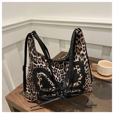 Leopard Print Tote Bag Women PU Leather Butterfly Lace Up Bow Retro Fashion Shoulder Crossbody Bag