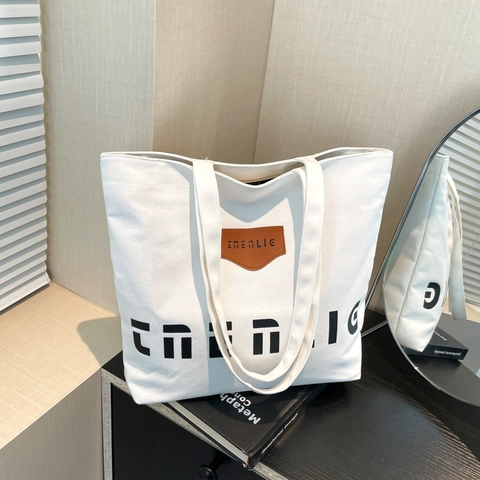 Borsa Tote Casual in Tela Grande Capacità Stampa di Lettere Semplice Versatile Borsa a Mano per Donna Shopping Quotidiano Pendolare