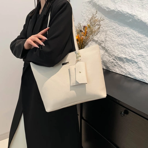Women Large Capacity PU Lychee Pattern Tote Bag With Mini Pouch Fashion Commuter Shoulder Bag Solid Color Elegant Handbag