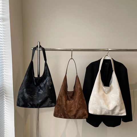 Women's Large Capacity Marble Print Tote Bag Minimalist PU Leather Hobo Shoulder Bag With Inner Pouch Versatile Commute Bag