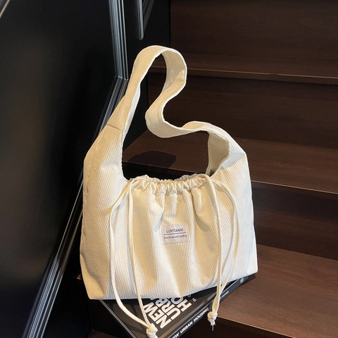 Women's Large Corduroy Tote Bag Vintage Drawstring Shoulder Bag Casual Solid Color Large Capacity Shopper Bag For Daily