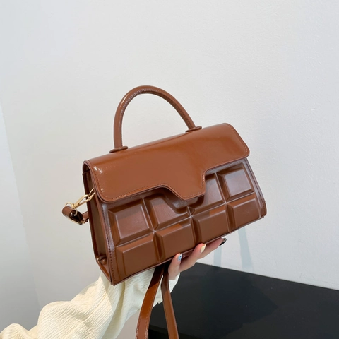 Women's Chocolate Grid Pattern PU Leather Handbag Elegant Chic Shoulder Crossbody Bag With Top Handle And Detachable Strap