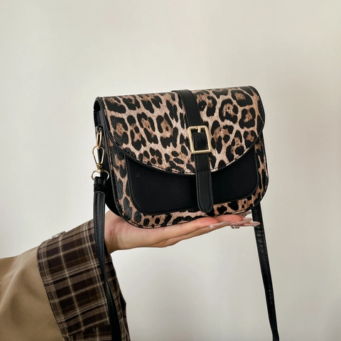 Bolso de Silla con Estampado de Leopardo para Mujer Cuero de PU Color de Contraste Solapa Bolso Bandolera con Hebilla de Metal