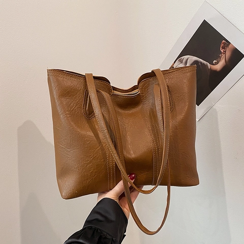 Women's Vintage Large Capacity Tote Bag PU Leather Casual Commute Shoulder Bag Minimalist Office Handbag Shopping Bag
