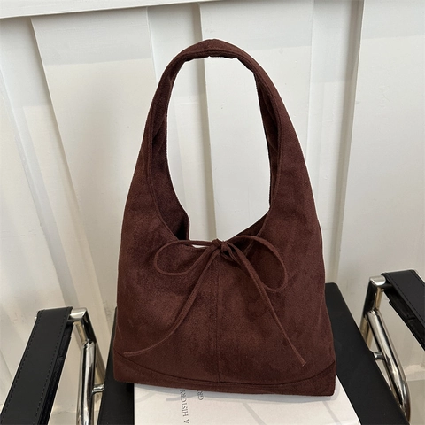 Vintage Damen Wildlederimitat Schultertasche Mit Schleifendekoration Minimalistisch Große Kapazität Achseltasche Tote Bag
