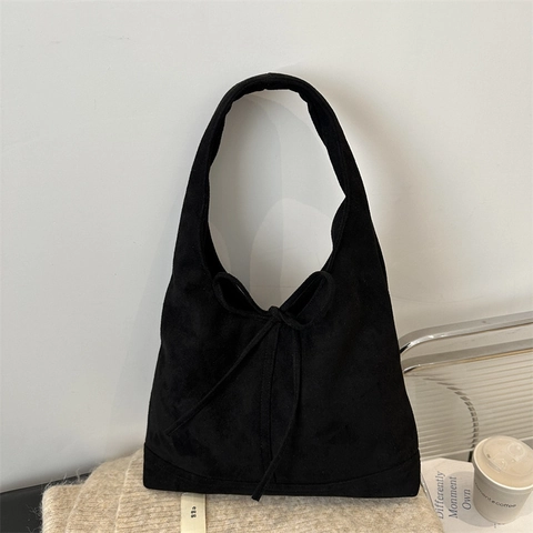 Vintage Faux Suede Tote Bag For Women Solid Color Bow Tie Shoulder Bag Large Capacity Commute Underarm Bag Hobo Handbag