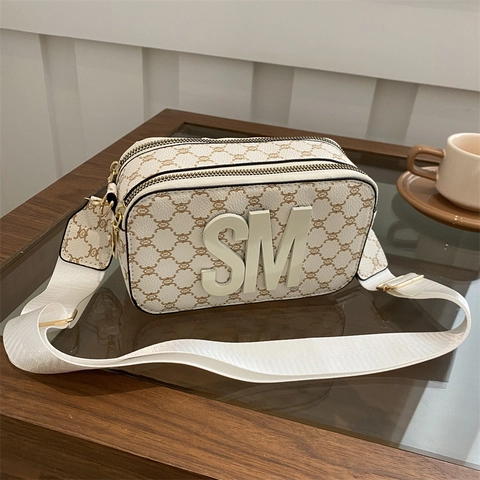 Monogram PU Leer Camera Crossbody Tas Dames Vintage Dubbele Rits Grote SM Letter Brede Verstelbare Geweven Schouderriem