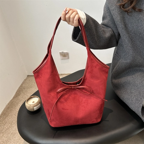 Women Vintage Suede Tote Bag Large Capacity Bow Decor Frosted Faux Leather Shoulder Bag Korean Style Commuter Handbag