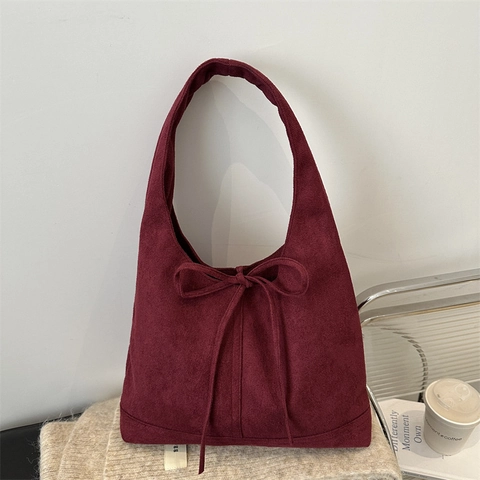 Minimalist Suede Look Shoulder Bag For Women Vintage Bow Large Capacity Hobo Tote Bag Solid Color Elegant Underarm Handbag