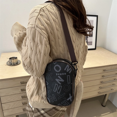 Women Fashion PU Letter Print Crossbody Bag Street Style Small Square Mini Shoulder Bag With Adjustable Strap Zipper Top