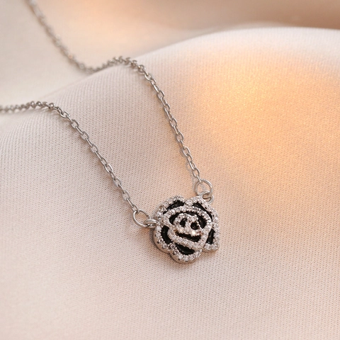Camellia Flower Pendant Necklace Titanium Steel Black White Enamel Inlaid Cubic Zirconia Fashion Jewelry For Women