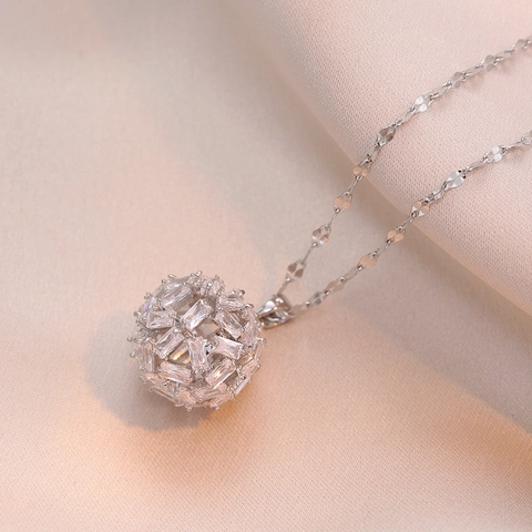 Hollow Sphere Pendant Necklace Women Stainless Steel Baguette Cubic Zirconia Magic Ball Jewelry
