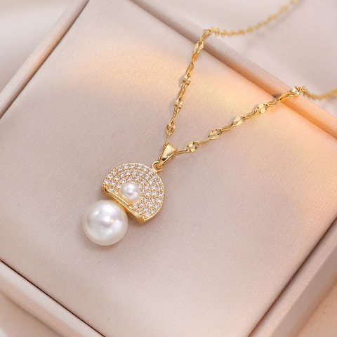 Collar Con Colgante De Doble Perla Artificial Acero De Titanio Circón Forma De Abanico Joyería Lujo Ligero Para Mujer Cadena Ola Agua