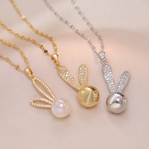 Rabbit Bunny Ear Pendant Necklace Titanium Steel Zircon Rhinestone Inlaid Faux Artificial Pearl Minimalist Elegant Jewelry For Women