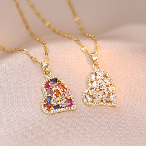 Collar Con Colgante De Corazón De Acero Inoxidable Chapado En Oro Circonita Cúbica Colorida Joyería Estilo Coreano Para Mujer