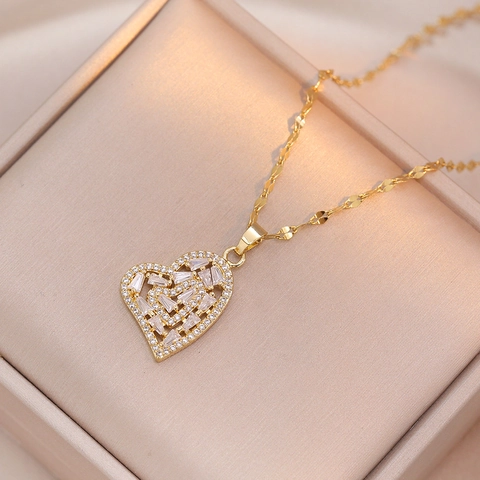 Collar Con Colgante De Corazón De Acero Inoxidable Chapado En Oro Circonita Cúbica Colorida Joyería Estilo Coreano Para Mujer