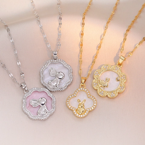 Luxury Stainless Steel Rabbit Pendant Necklace Shell Zirconia Inlaid Clover Flower Shape Bunny Jewelry Gift For Women