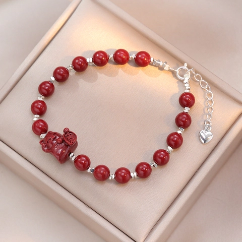 Bracciale Con Perline Di Cinabro Gatto Della Fortuna Fatto A Mano Stile Cinese Retrò Catena In Lega Regolabile Gioielli