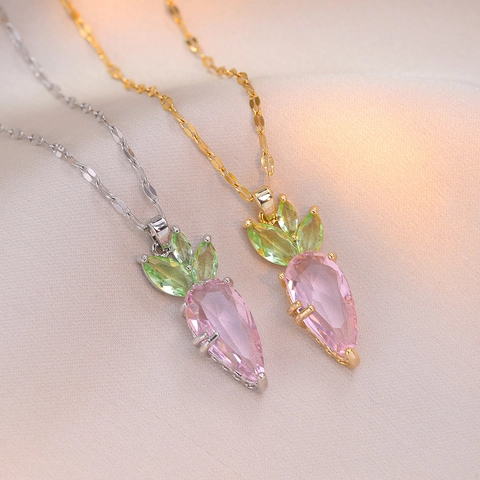 Süße Karotte Anhänger Halskette Edelstahl Rosa Grün Glas Kristall Eingelegte Strass Schlüsselbein Kette Schmuck Für Frauen Mädchen