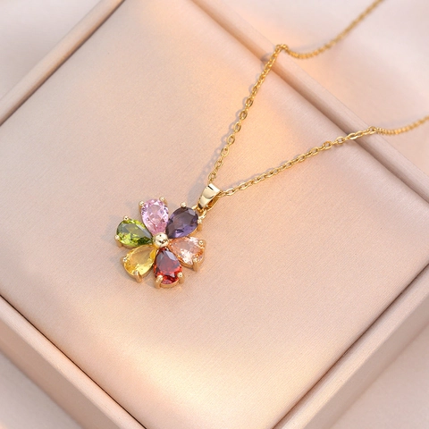 Flower Pendant Necklace Titanium Steel And Copper Colorful Zircon Inlaid Fashion Light Luxury For Women