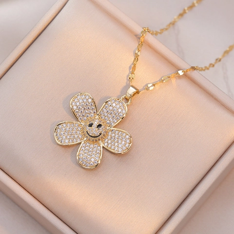 Flower Smiley Face Pendant Necklace Zircon Inlaid Gold Plated Stainless Steel Trendy Clavicle Chain Jewelry For Women