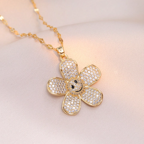 Flower Smiley Face Pendant Necklace Zircon Inlaid Gold Plated Stainless Steel Trendy Clavicle Chain Jewelry For Women