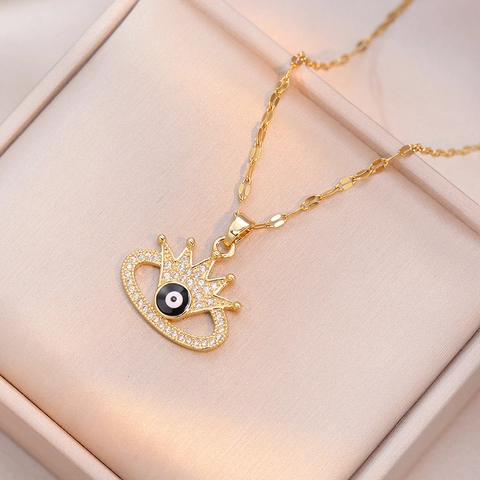 Evil Eye Krone Anhänger Halskette Gold Vergoldet Titan Stahl Zirkon Elegant Schmuck Für Frauen Mode Accessoire
