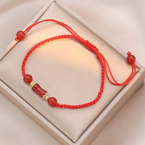 Handmade Red Woven String Bracelet With Natural Red Agate Barrel Bead Chinese Style Lucky Adjustable Jewelry For Women