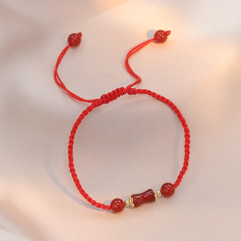 Handmade Red Woven String Bracelet With Natural Red Agate Barrel Bead Chinese Style Lucky Adjustable Jewelry For Women
