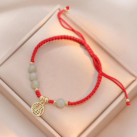 Handwoven Red String Bracelet Adjustable Strawberry Crystal Ping'an Buckle Fu Pendant Ethnic Style Jewelry Women Gift