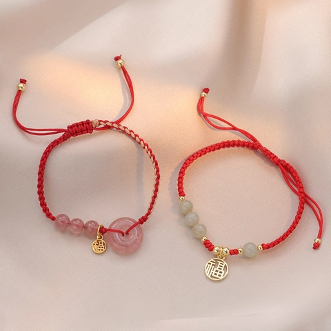 Handwoven Red String Bracelet Adjustable Strawberry Crystal Ping'an Buckle Fu Pendant Ethnic Style Jewelry Women Gift