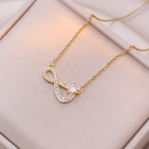 Infinity Heart Pendant Necklace Titanium Steel Cubic Zirconia Gold Tone Minimalist Fashion Jewelry Gift For Women