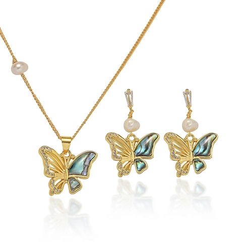 Elegant Stainless Steel Butterfly Shell Pendant Necklace With Freshwater Pearl Earring Set Fashion Women Jewelry