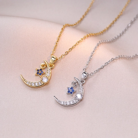 Star Moon Pendant Necklace Titanium Steel Blue Zircon Elegant Crescent Design Clavicle Chain Jewelry For Women