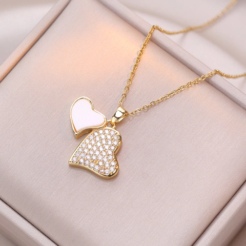 Hart Hanger Halsketting Roestvrij Staal Dubbele Harten Schelp Strass Ingelegd Sleutelbeen Ketting Elegante Sieraden Dames