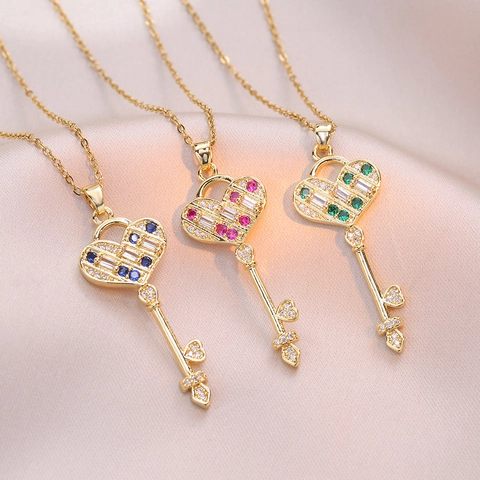 Heart Key Pendant Necklace Titanium Steel Zircon Gemstone Inlay Light Luxury Clavicle Chain For Women Elegant Accessory