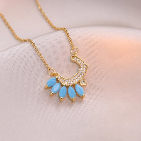 Collana Con Pendente A Mezzaluna Placcato Oro Acciaio Inossidabile Zircone Colorato Gioielli Di Lusso Per Donna