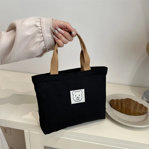 Piccola Borsa a Mano in Tela da Donna Simpatico Orso Cartone Animato Patch Borsa a Secchiello Stile Minimalista Giapponese Casual