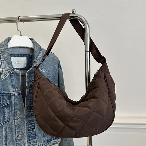 Bolso de Axila de Nailon Acolchado de Gran Capacidad para Mujer Color Sólido Vintage Bolso Bandolera Individual para Viaje