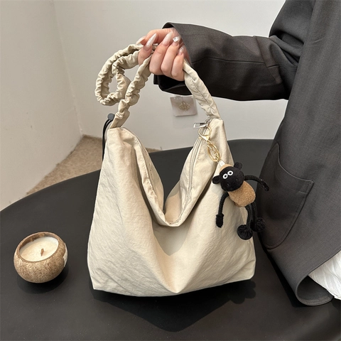 Bolso de Hombro Plisado Casual para Mujer Correa Fruncida Gran Capacidad Nylon Lona Cordón Color Sólido Moda Bolso Hobo