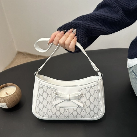 Bolso De Hombro Vintage Para Mujer Cuero PU Monograma Letra M Estampado Decoración De Lazo Baguette Tendencia Daily Chic