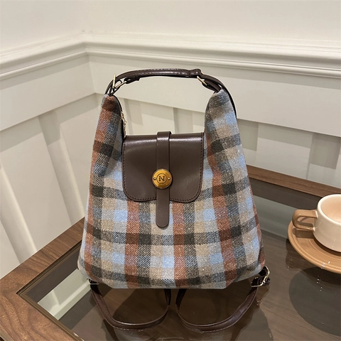 Borsa Tote in Lana a Quadri Vintage per Donna Stile Preppy Retro Giunzione Pelle Sintetica Borsa a Spalla Grande Capacità