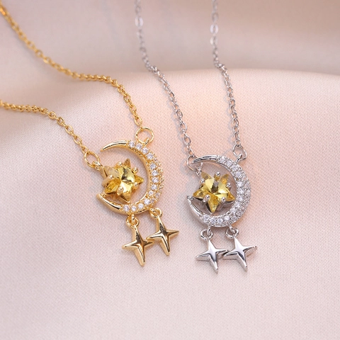 Star Moon Pendant Necklace Stainless Steel Zircon Inlaid Elegant Fashion Jewelry For Women