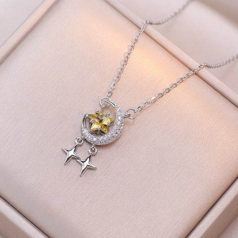 Star Moon Pendant Necklace Stainless Steel Zircon Inlaid Elegant Fashion Jewelry For Women