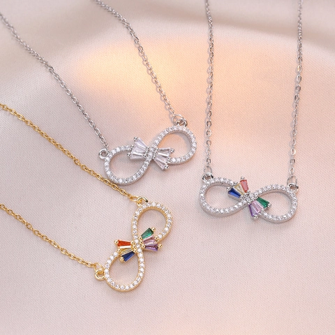 Infinity Symbol Stainless Steel Necklace For Women Gold Silver Plated Copper Colorful Zirconia Pendant Butterfly Fashion Jewelry