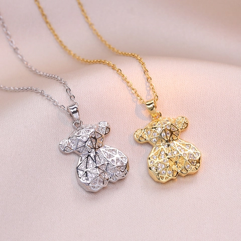 Bear Pendant Necklace Titanium Steel Hollow Geometric Rhinestone Zircon Fashion Jewelry For Women