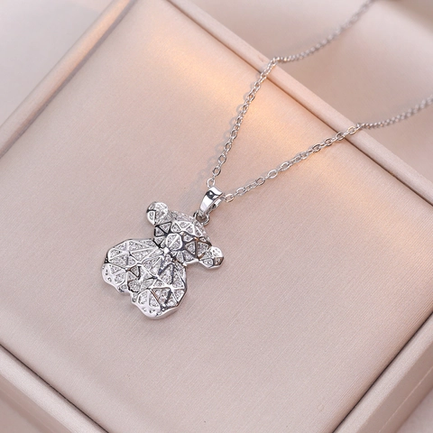 Bear Pendant Necklace Titanium Steel Hollow Geometric Rhinestone Zircon Fashion Jewelry For Women