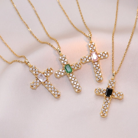 Mode Roestvrij Staal Kruis Hanger Ketting Voor Vrouwen Goud Verguld Zirkonia Ingelegd Luxe Sieraden Religieus Cadeau